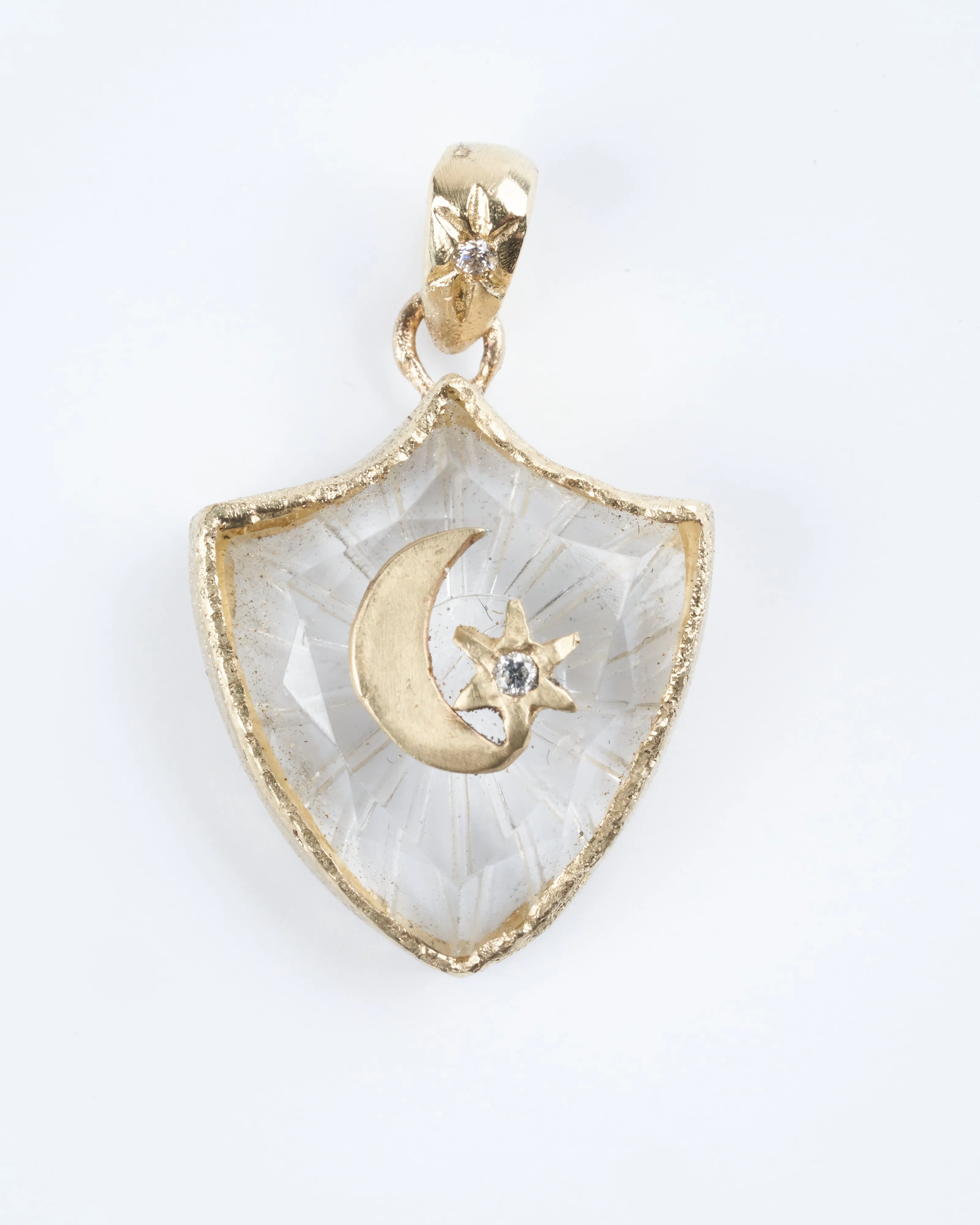 crescent star small shield amulet - 14k yellow gold