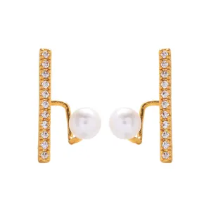 Cubic Zirconia & Pearl 18K Gold-Plated Bar Stud Earrings