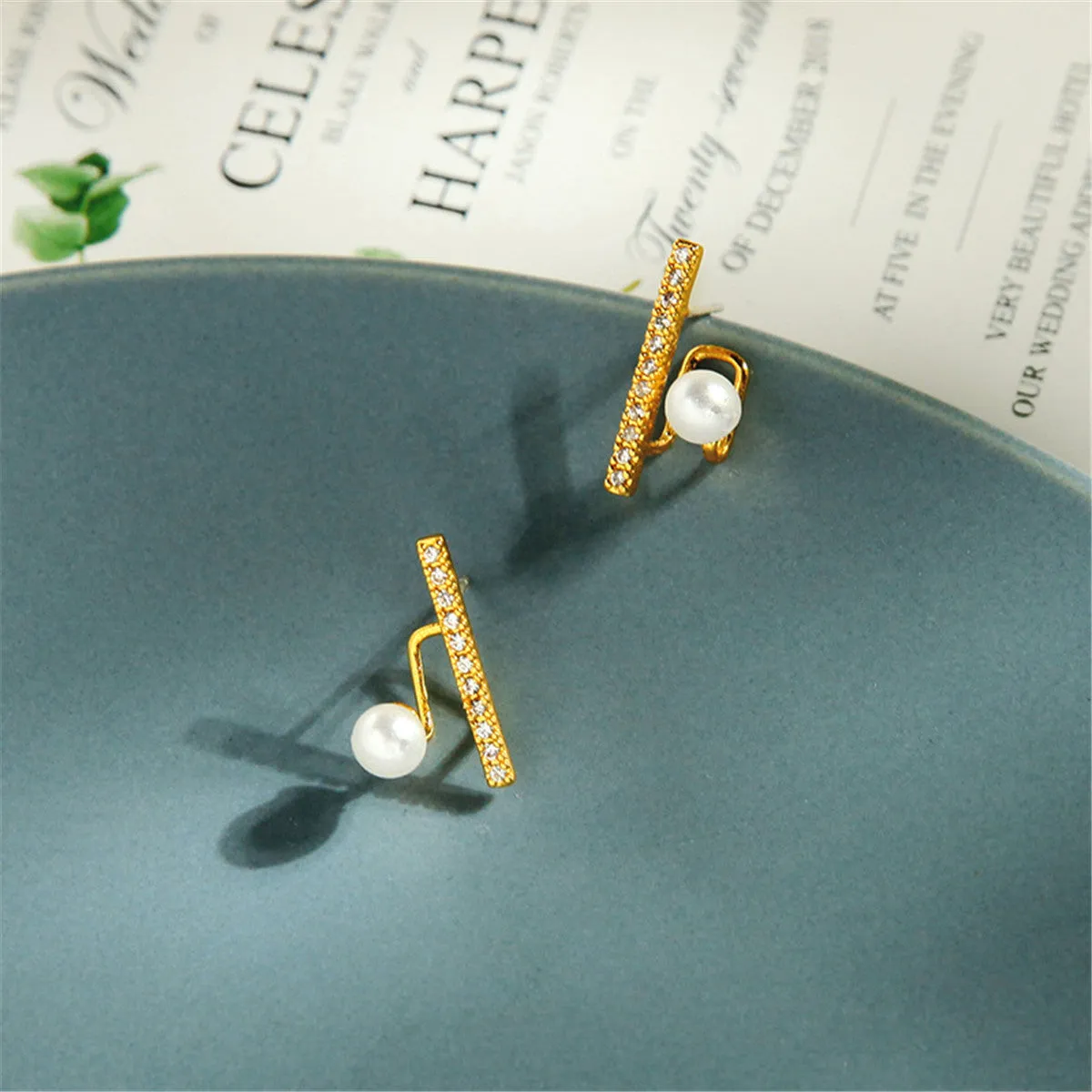 Cubic Zirconia & Pearl 18K Gold-Plated Bar Stud Earrings