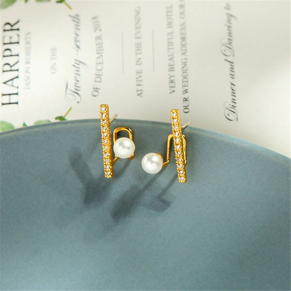 Cubic Zirconia & Pearl 18K Gold-Plated Bar Stud Earrings