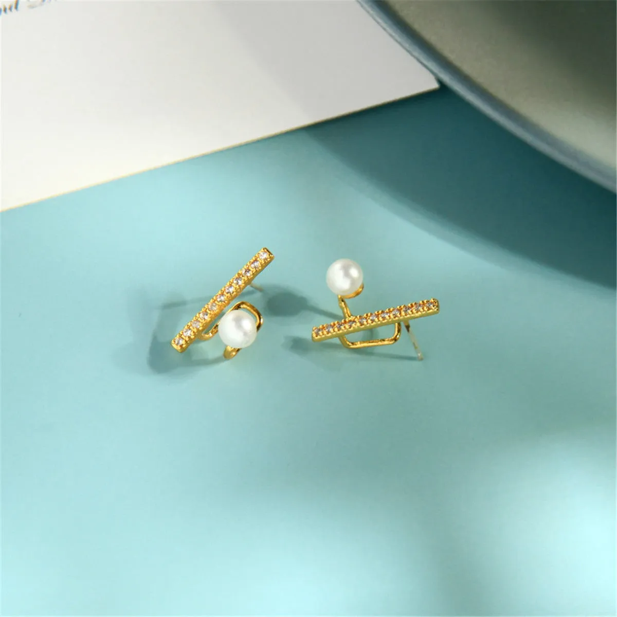 Cubic Zirconia & Pearl 18K Gold-Plated Bar Stud Earrings