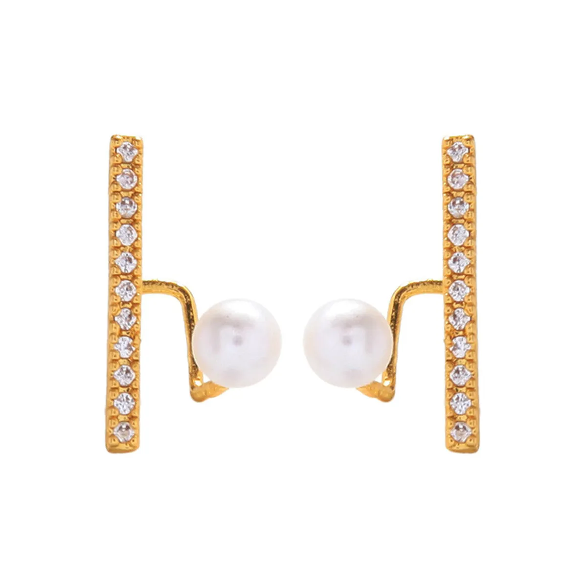 Cubic Zirconia & Pearl 18K Gold-Plated Bar Stud Earrings