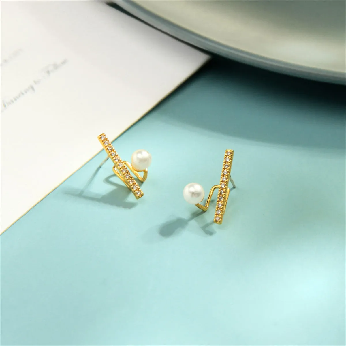 Cubic Zirconia & Pearl 18K Gold-Plated Bar Stud Earrings