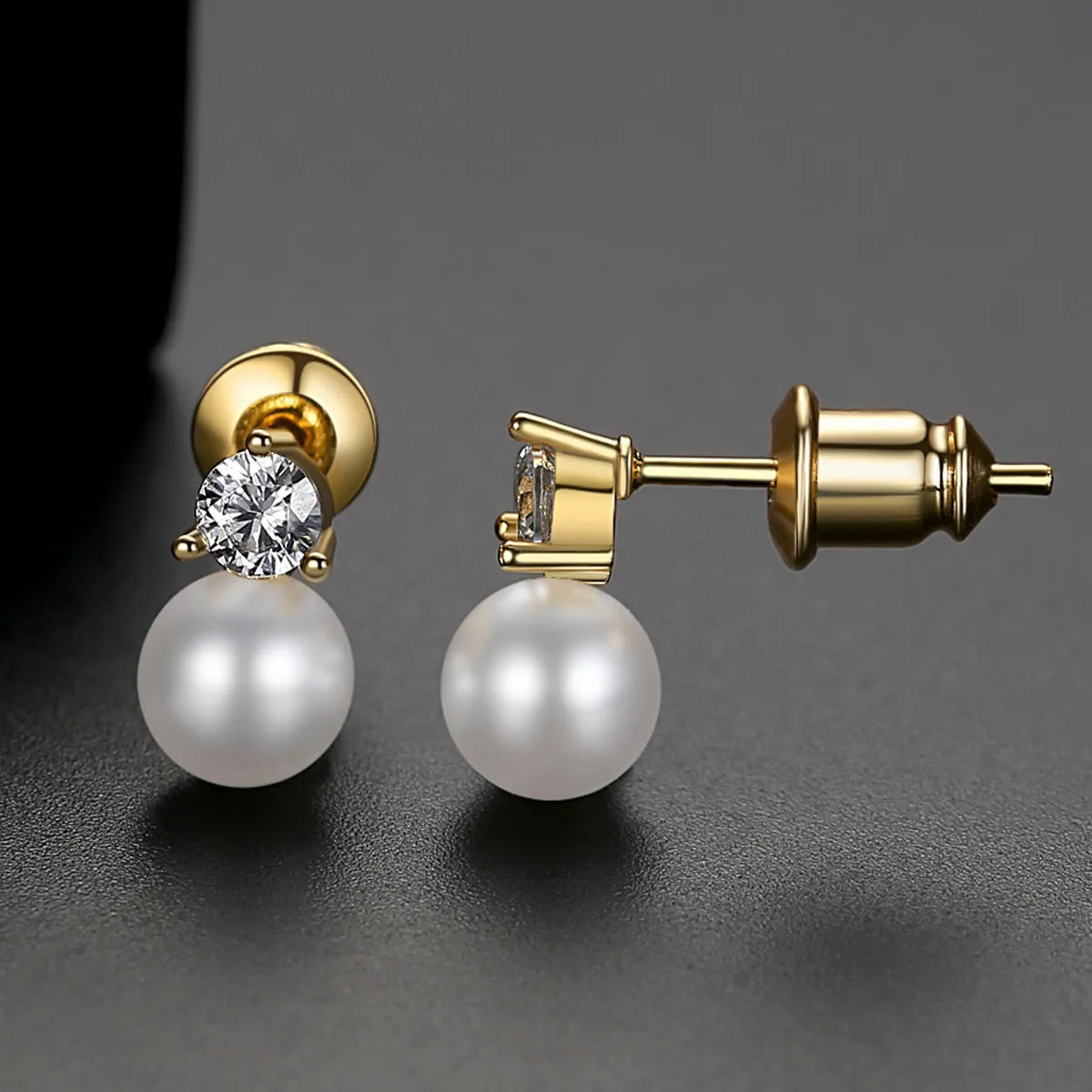 Cubic Zirconia & Pearl 18K Gold-Plated Round Stud Earrings