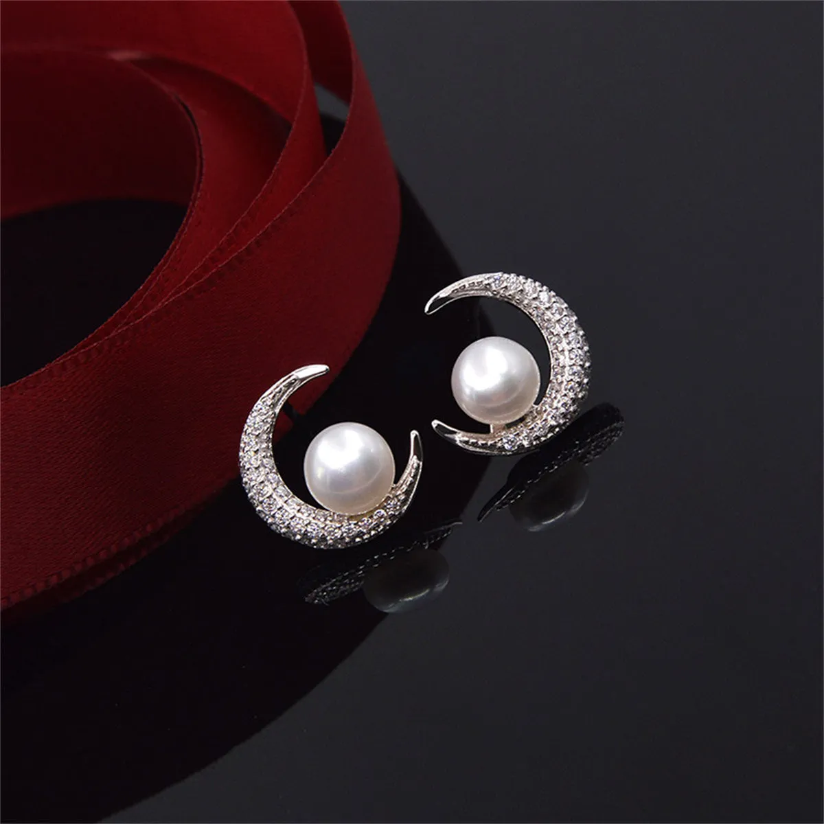 Cubic Zirconia & Pearl Silver-Plated Crescent Stud Earrings