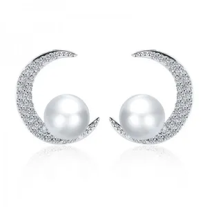 Cubic Zirconia & Pearl Silver-Plated Crescent Stud Earrings