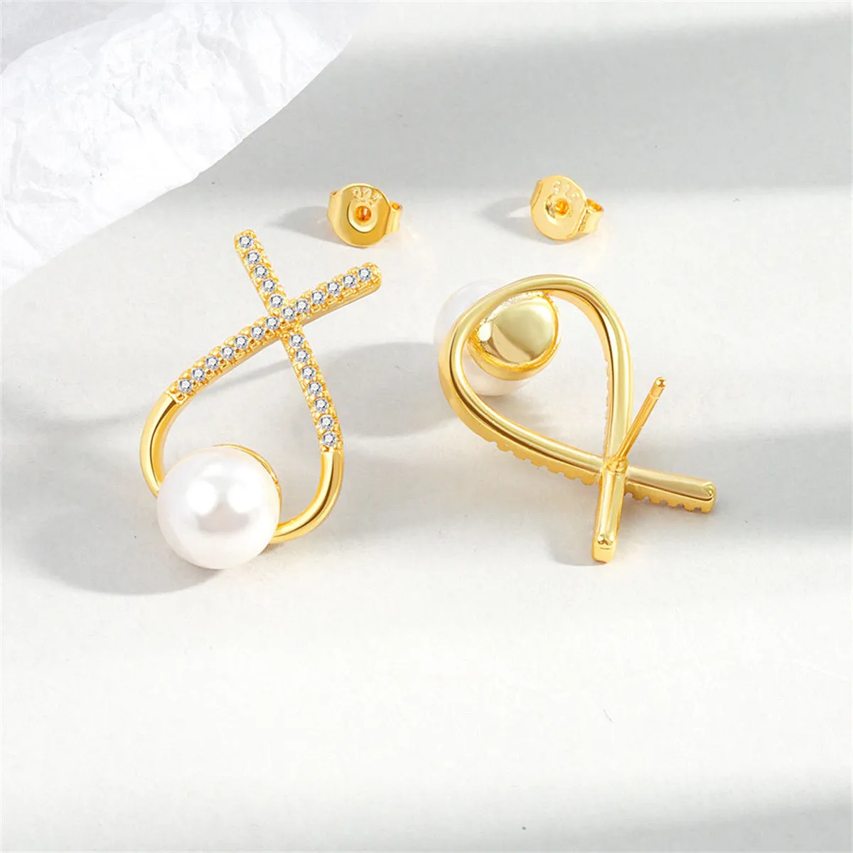Cubic Zirconia & Pearl Twist Stud Earrings