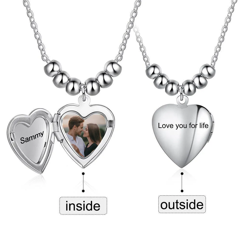 Custom Heart Shaped Locket Necklace with Engraved Name Pendant Beads Chain