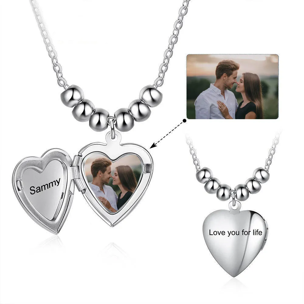 Custom Heart Shaped Locket Necklace with Engraved Name Pendant Beads Chain