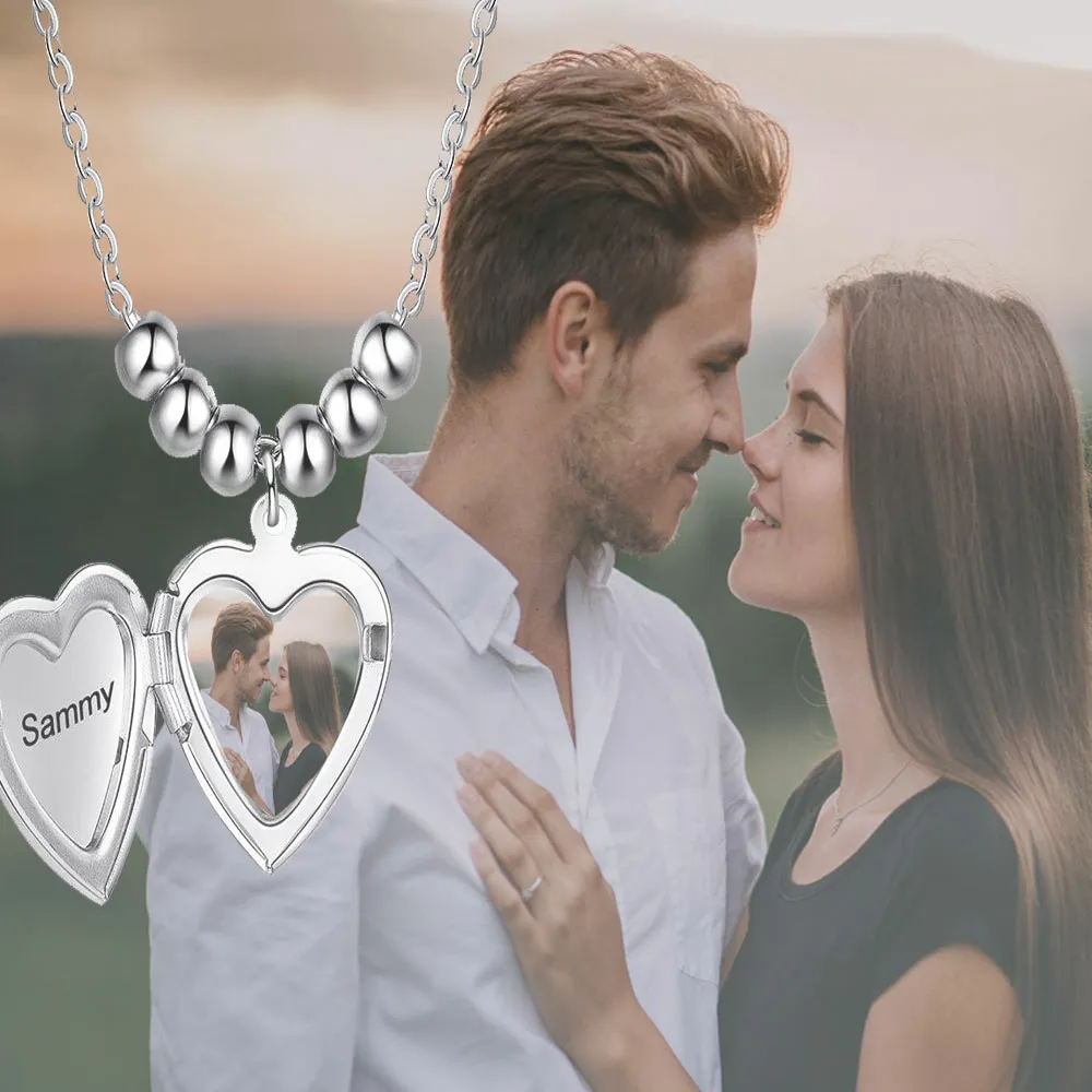 Custom Heart Shaped Locket Necklace with Engraved Name Pendant Beads Chain