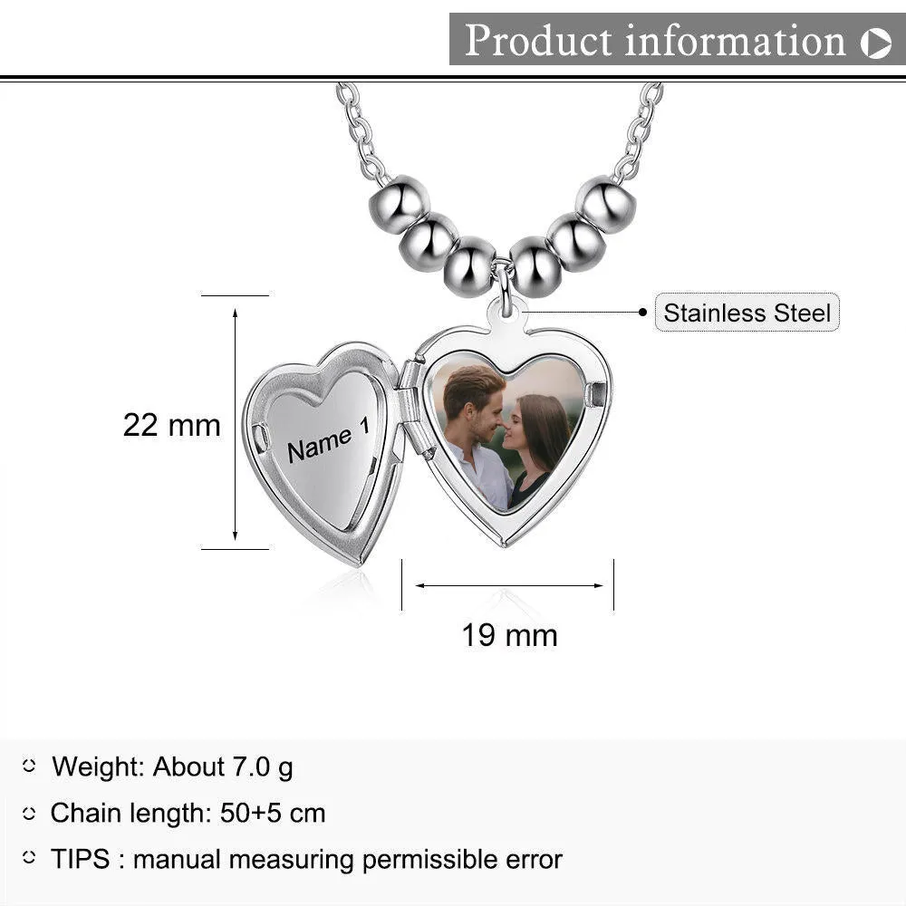 Custom Heart Shaped Locket Necklace with Engraved Name Pendant Beads Chain