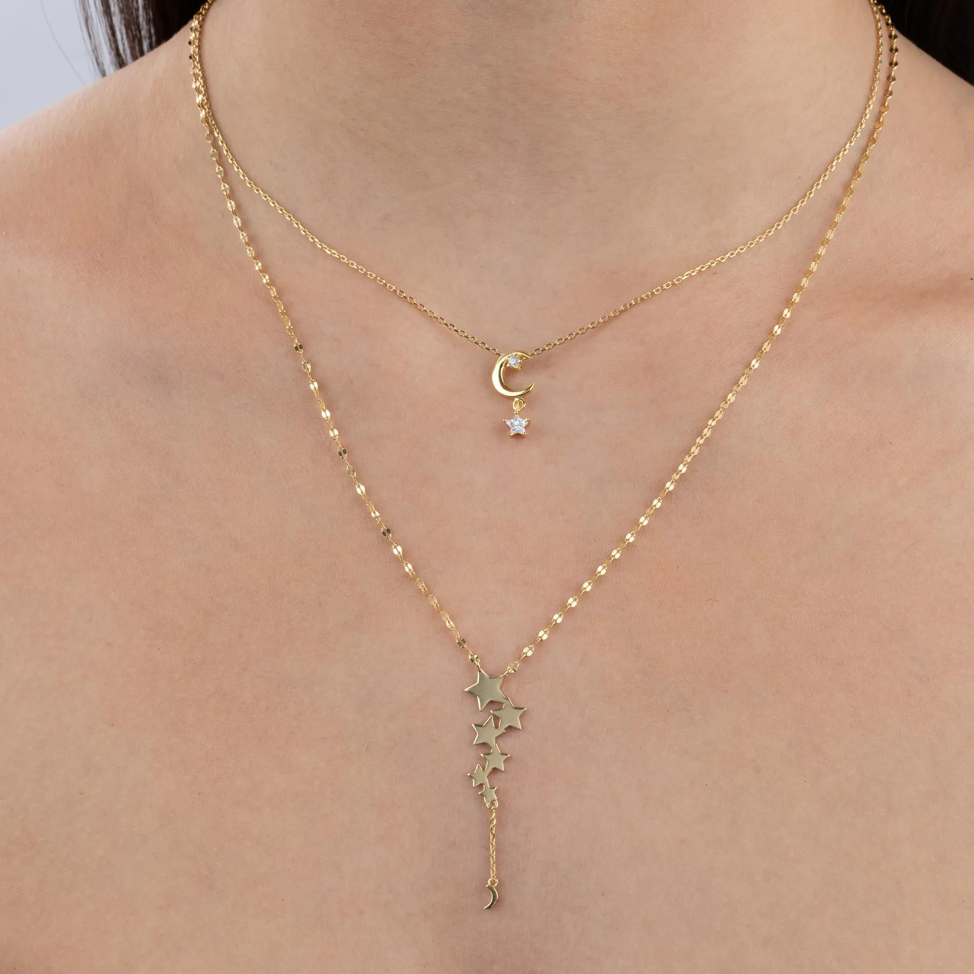 CZ Moon X Star Dangling Necklace