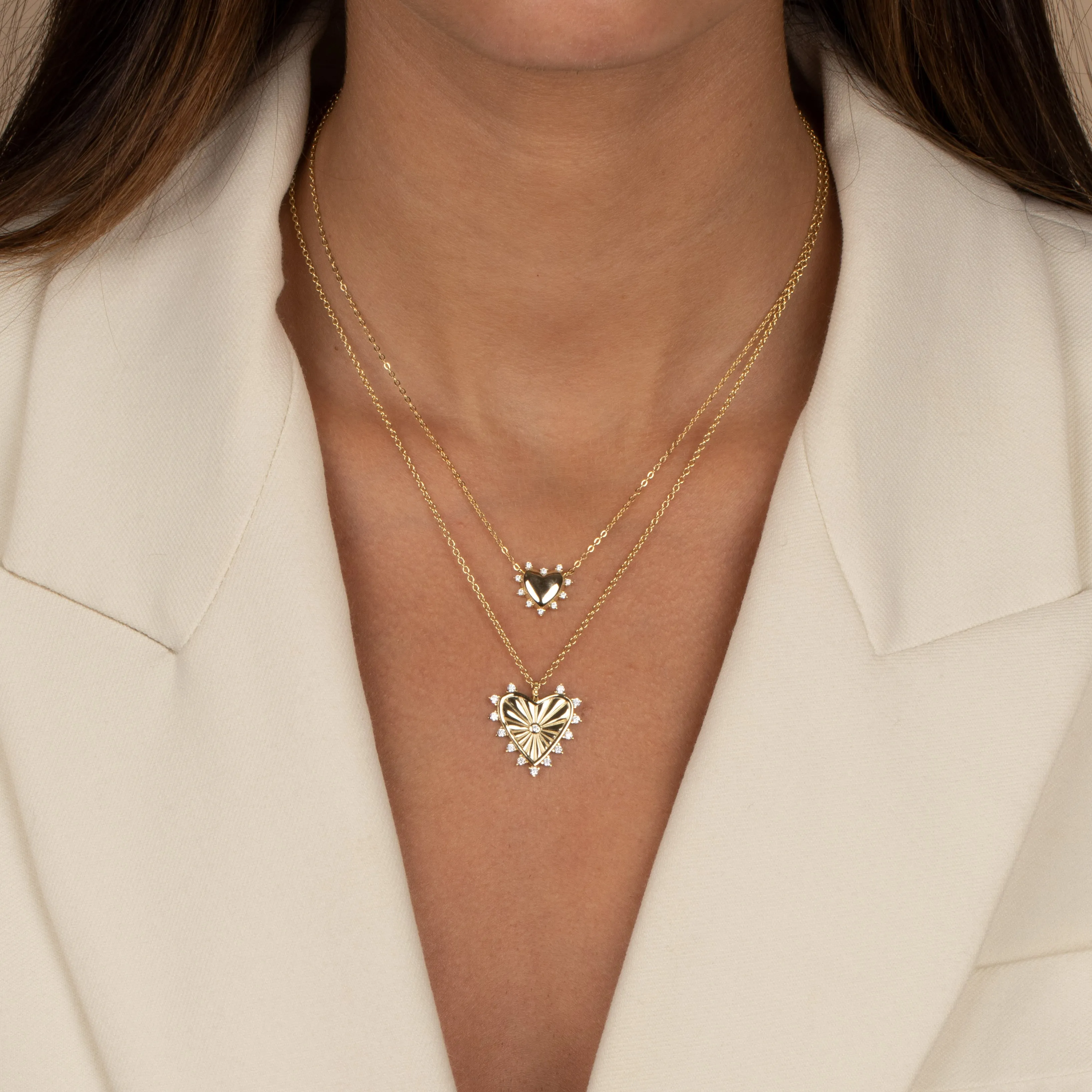 CZ Rimmed Ridged Heart Pendant Necklace