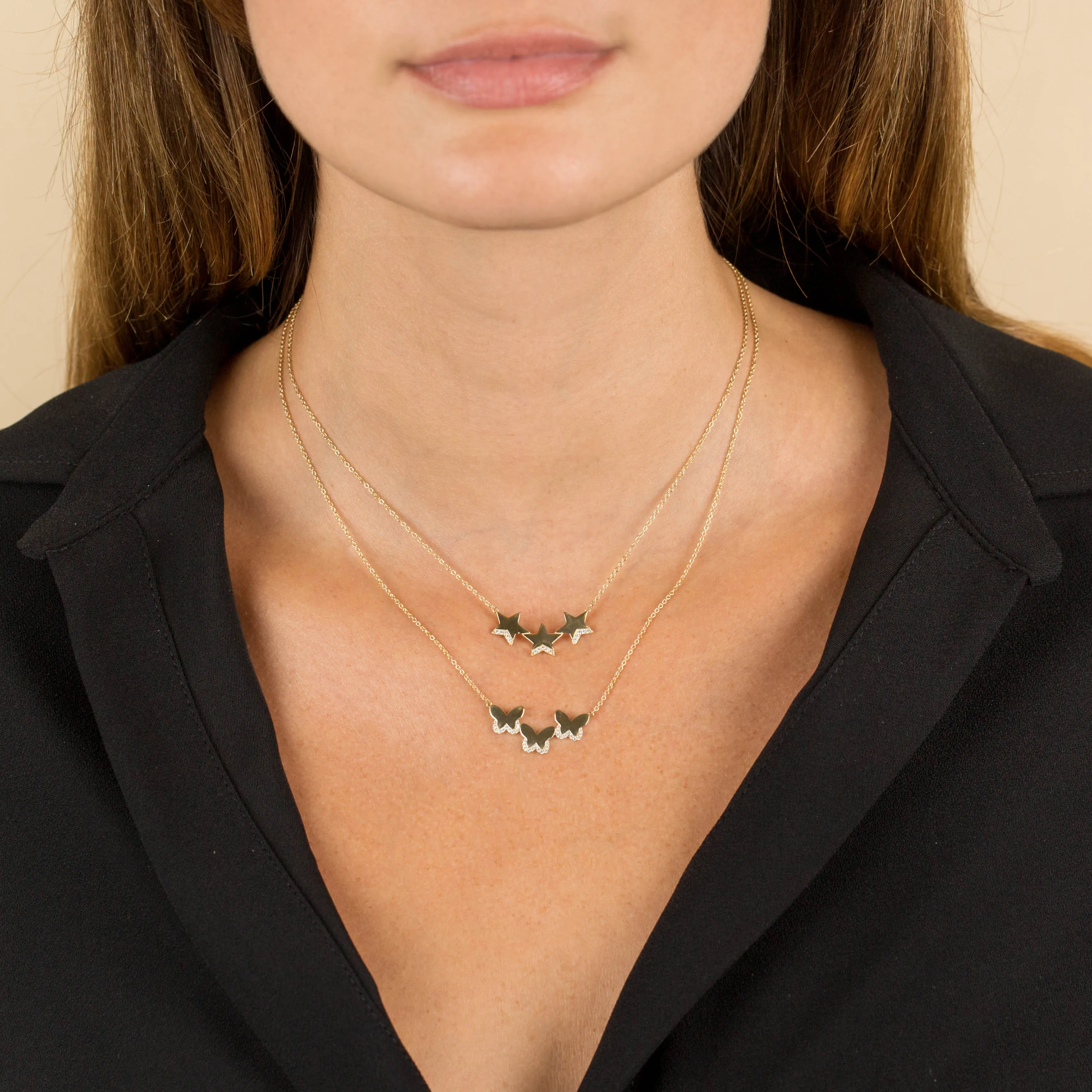 CZ Triple Star Necklace 14K