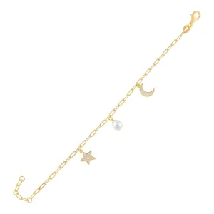 CZ X Pearl Charms Bracelet