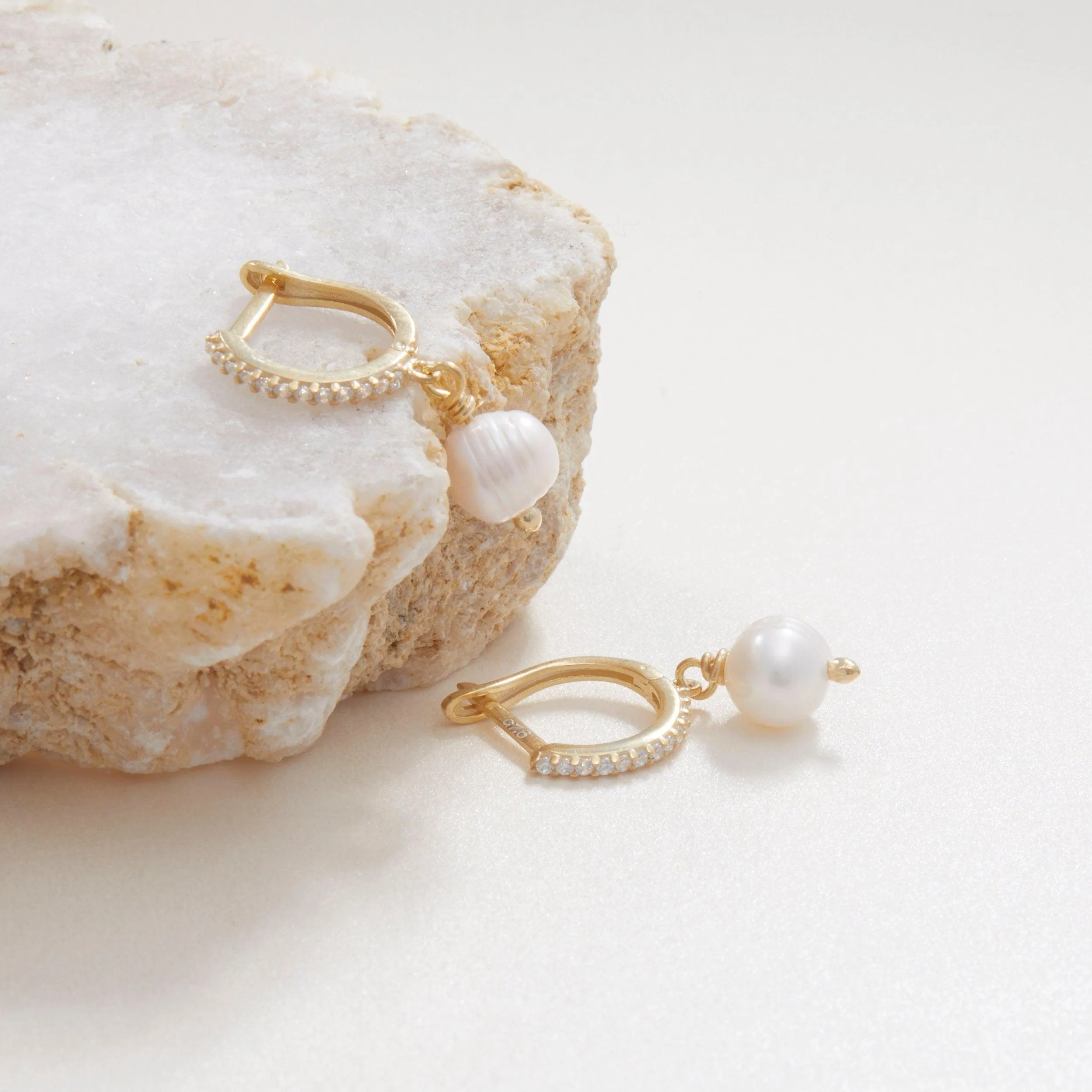 Dangling Pearl Pave Hoop Earrings - 18K Gold Vermeil