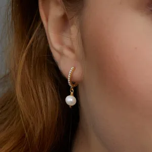 Dangling Pearl Pave Hoop Earrings - 18K Gold Vermeil