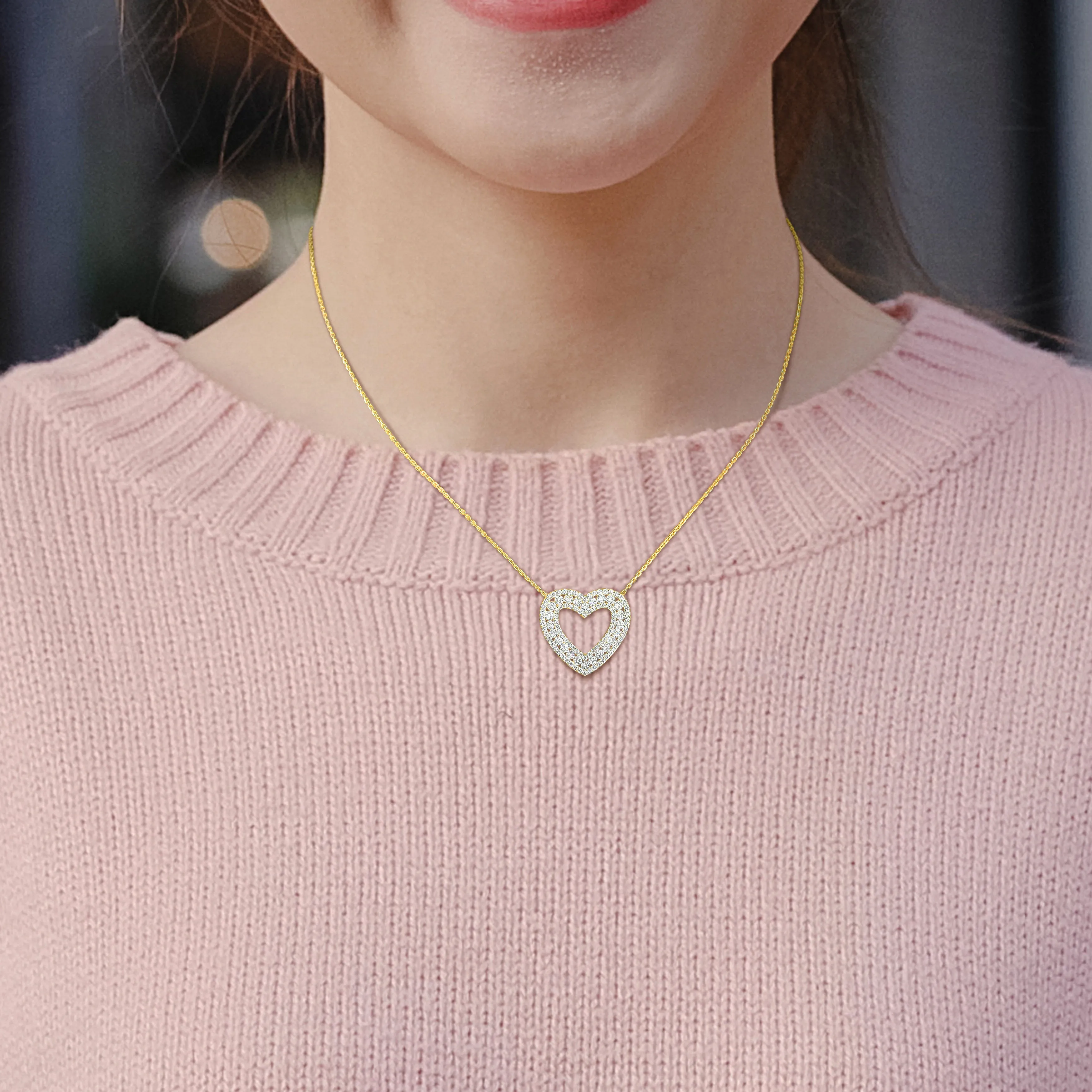 Diamond 3-Row Broad Bordered Open Heart Necklace