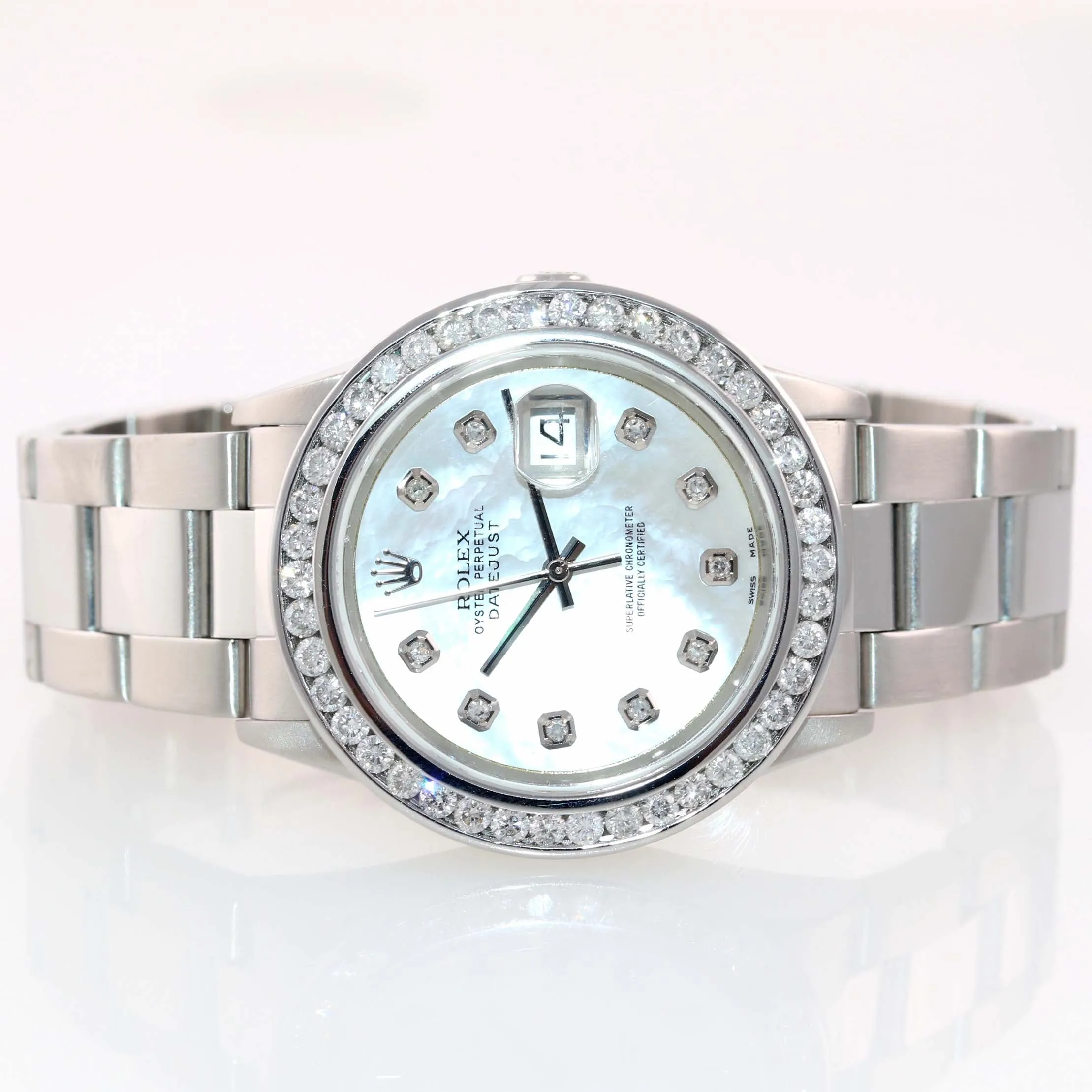 DIAMOND Bezel Rolex DateJust 36mm MOP Dial 16234 Steel White Gold Date Watch