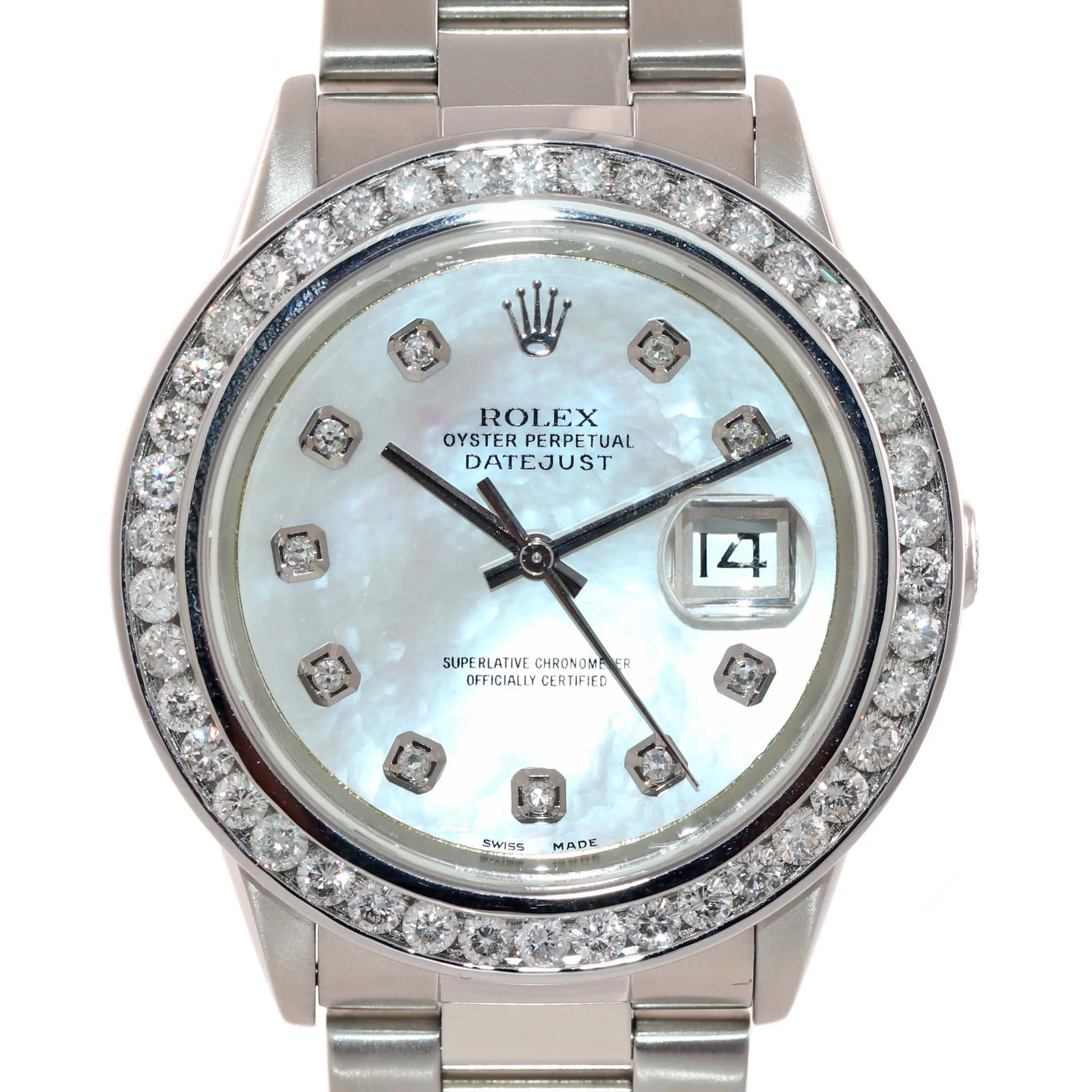 DIAMOND Bezel Rolex DateJust 36mm MOP Dial 16234 Steel White Gold Date Watch