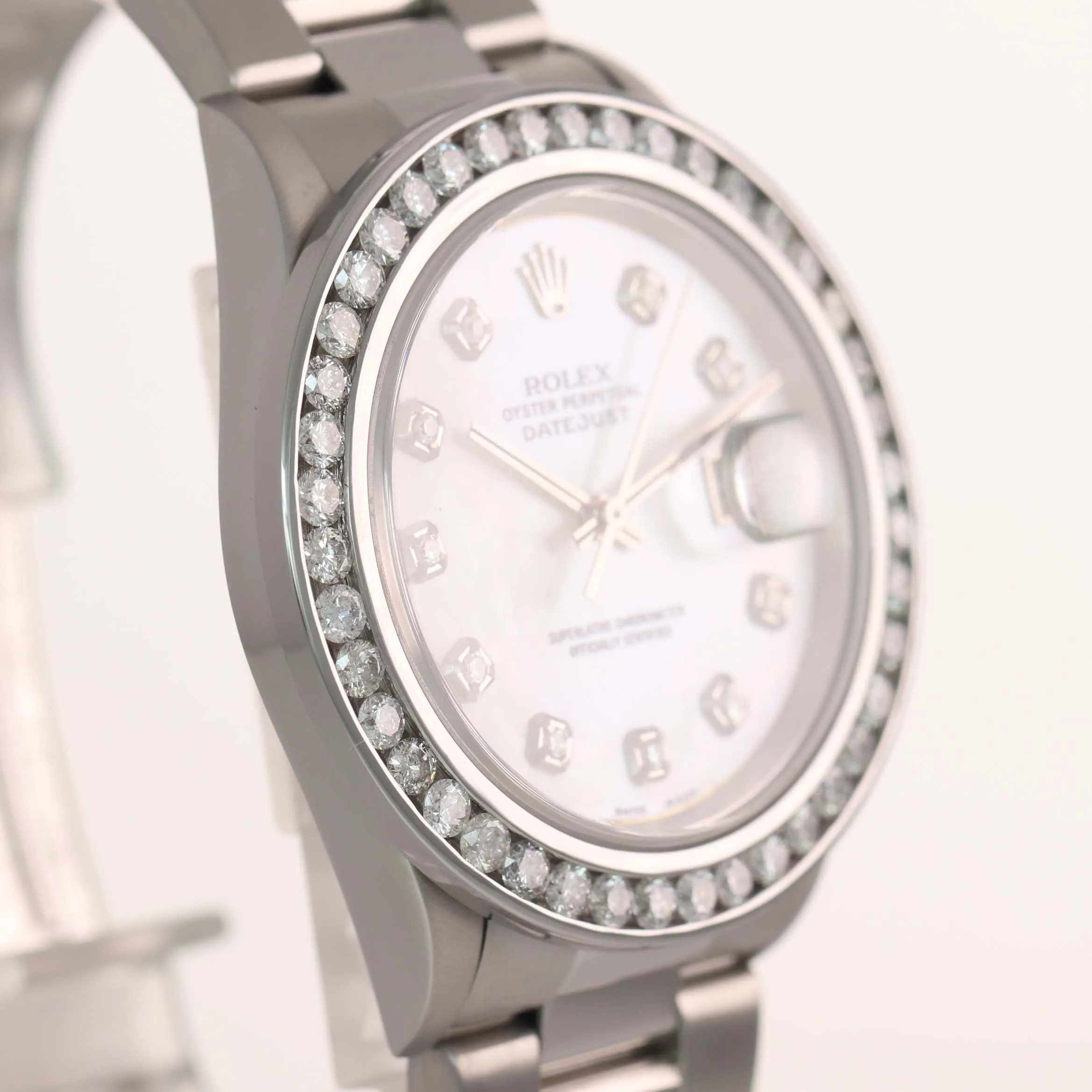 DIAMOND Bezel Rolex DateJust 36mm MOP Dial 16234 Steel White Gold Date Watch