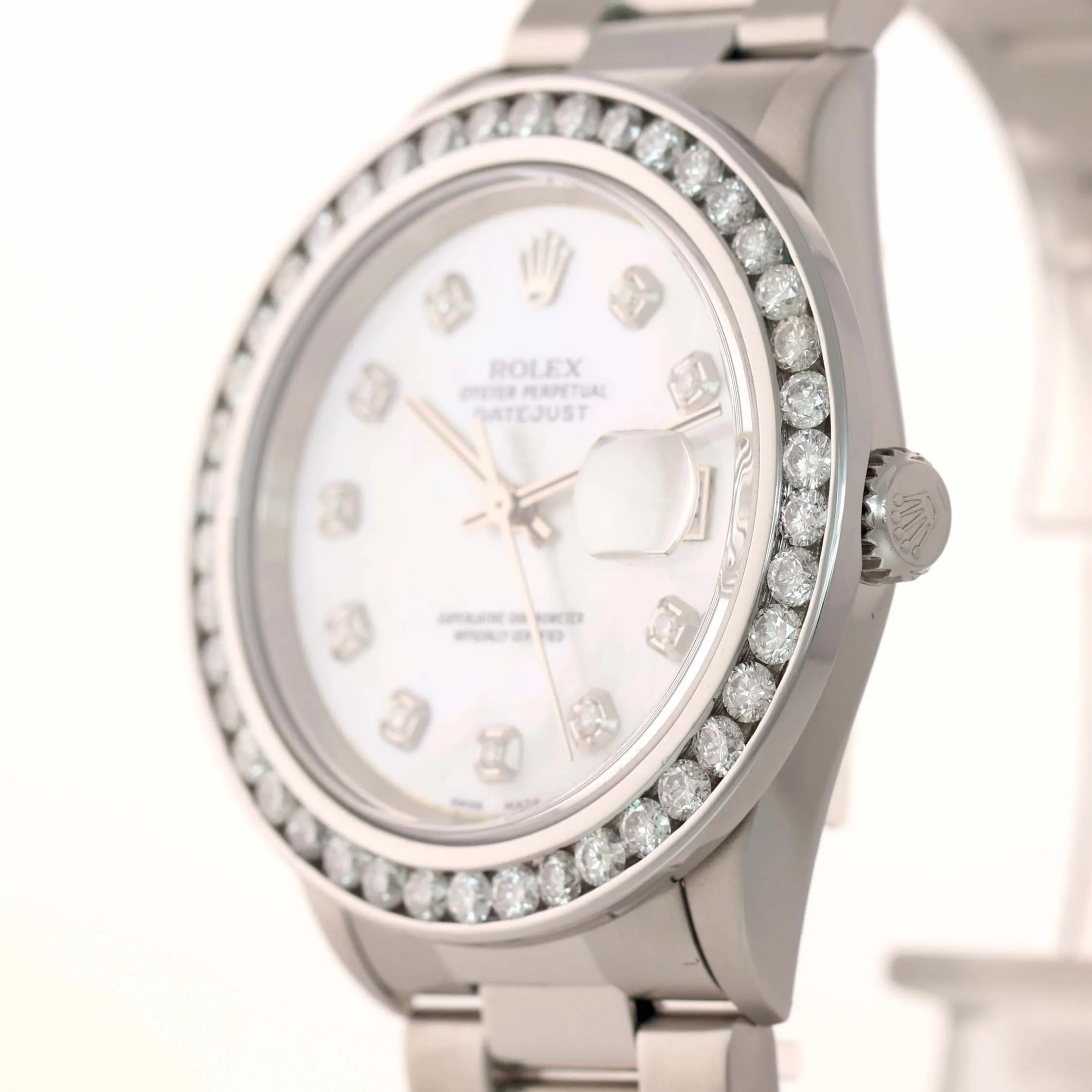 DIAMOND Bezel Rolex DateJust 36mm MOP Dial 16234 Steel White Gold Date Watch