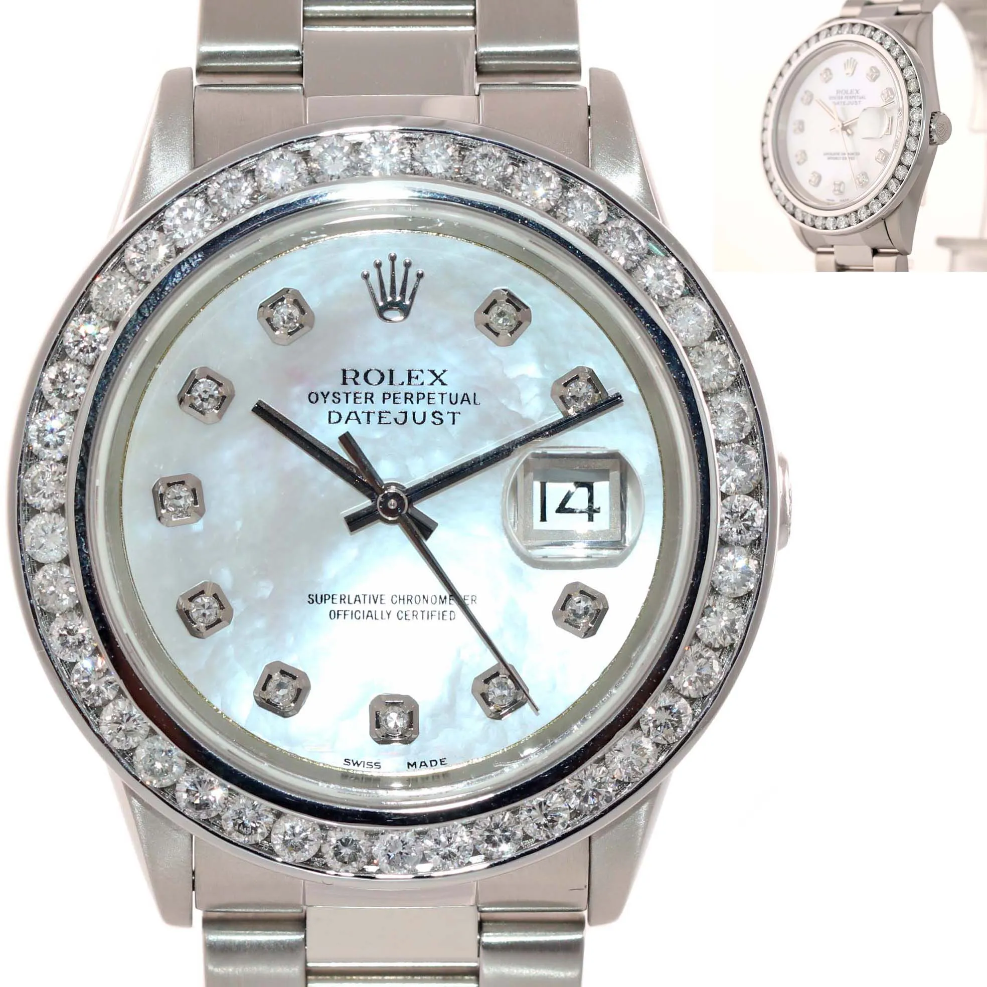 DIAMOND Bezel Rolex DateJust 36mm MOP Dial 16234 Steel White Gold Date Watch