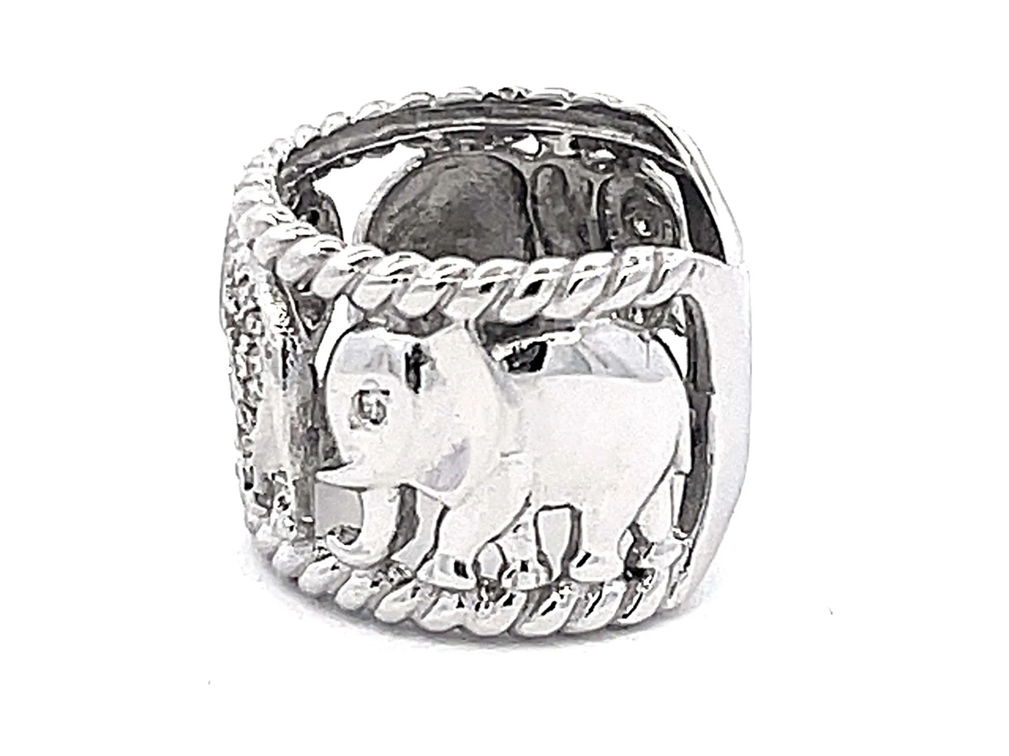 Diamond Elephant Wide Band Ring in 14k White Gold