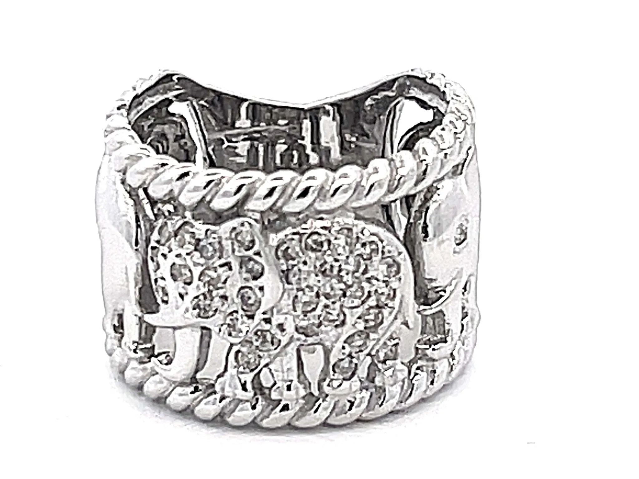 Diamond Elephant Wide Band Ring in 14k White Gold