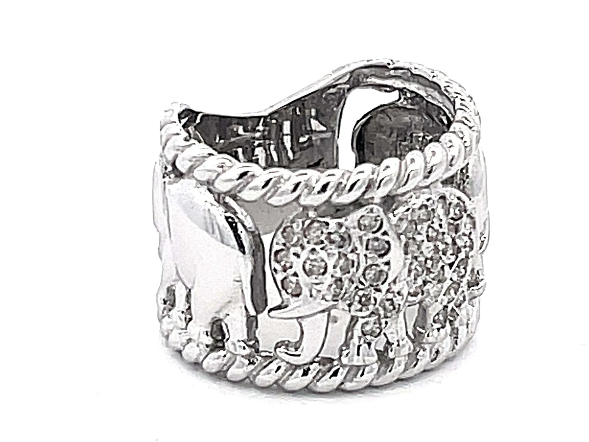 Diamond Elephant Wide Band Ring in 14k White Gold