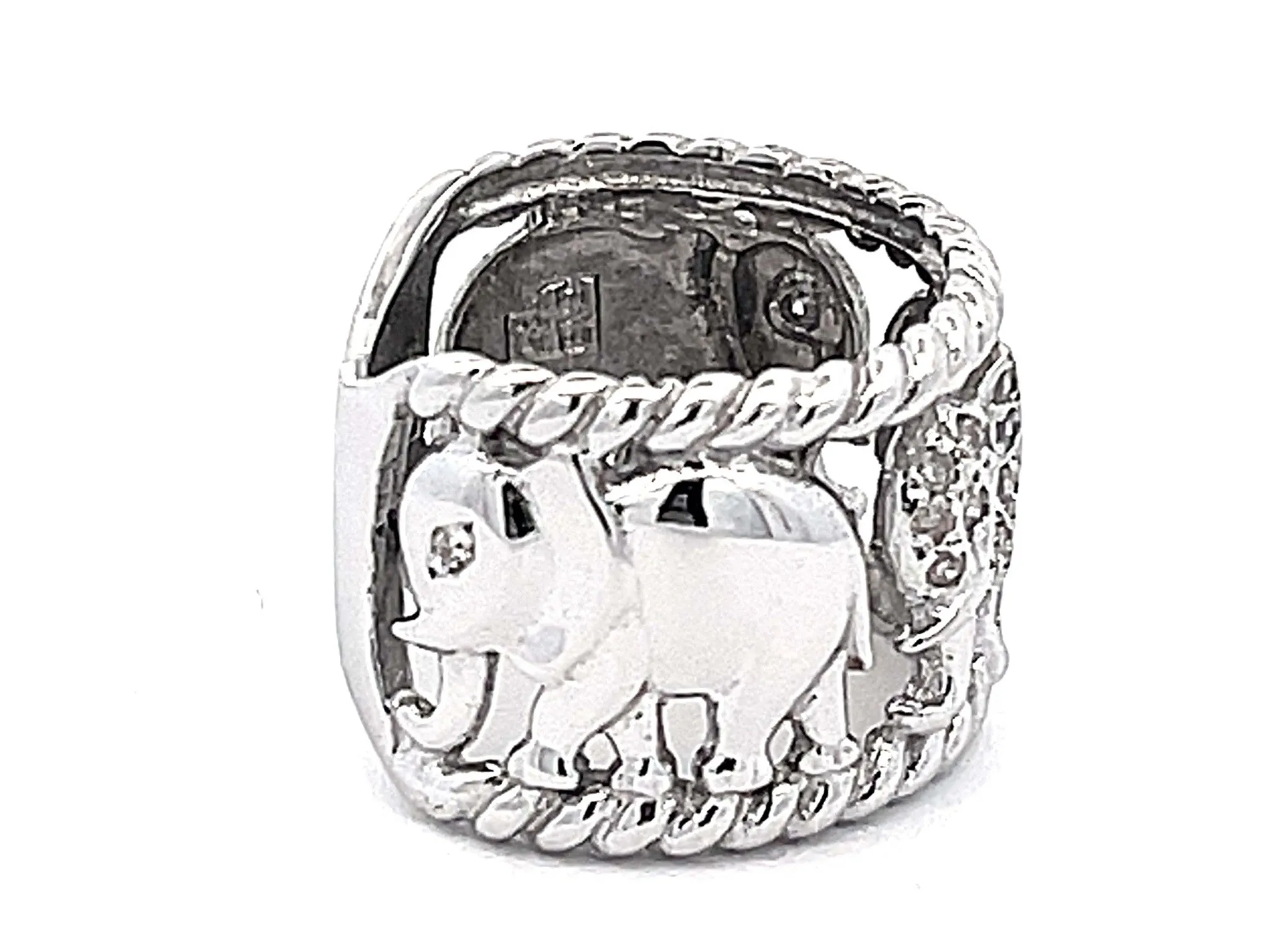 Diamond Elephant Wide Band Ring in 14k White Gold