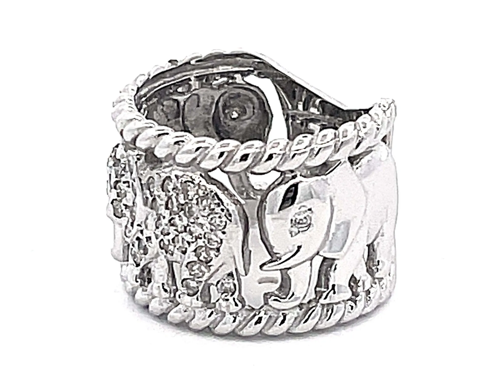 Diamond Elephant Wide Band Ring in 14k White Gold