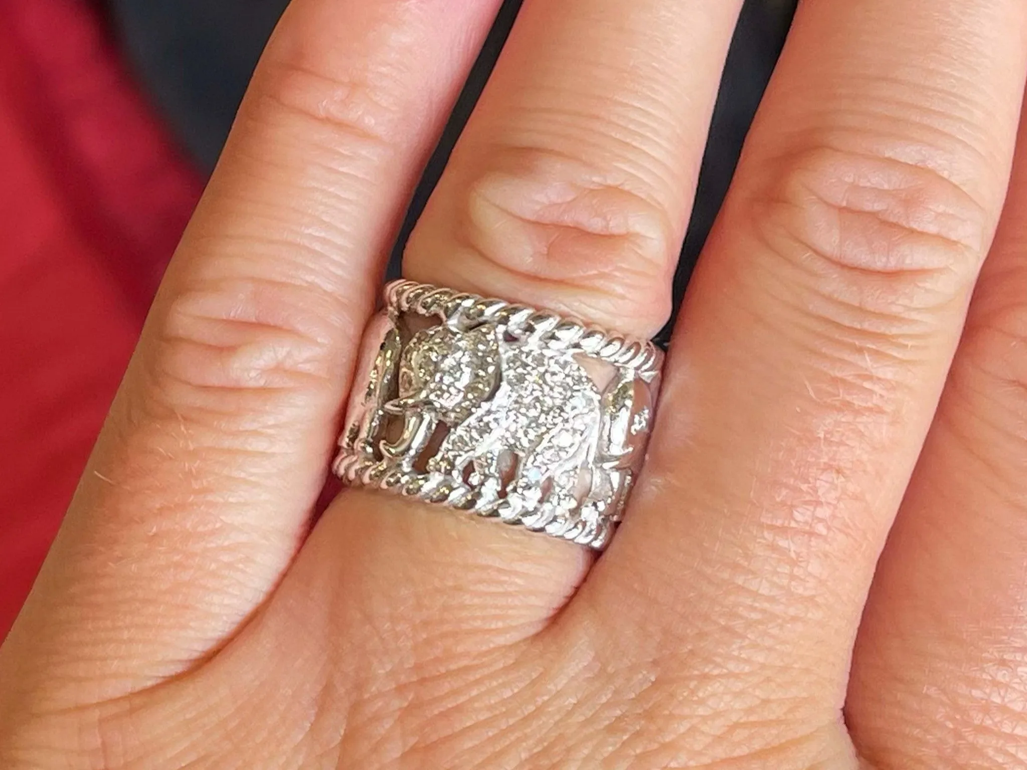 Diamond Elephant Wide Band Ring in 14k White Gold