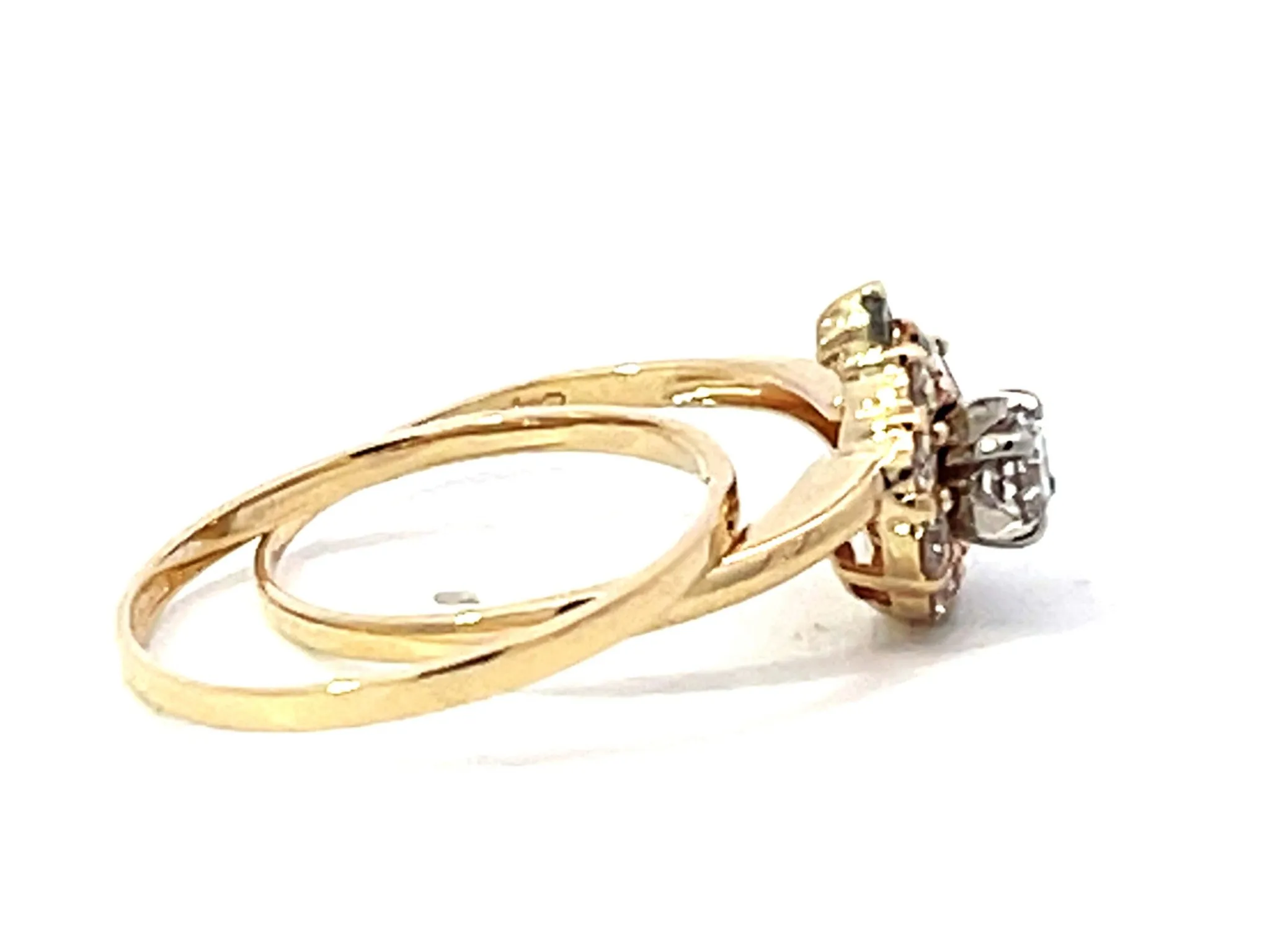 Diamond Flower Double Band Ring Solid 14K Yellow Gold