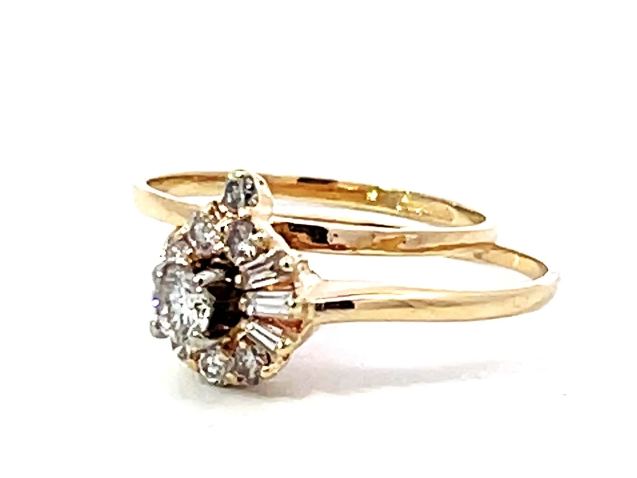 Diamond Flower Double Band Ring Solid 14K Yellow Gold