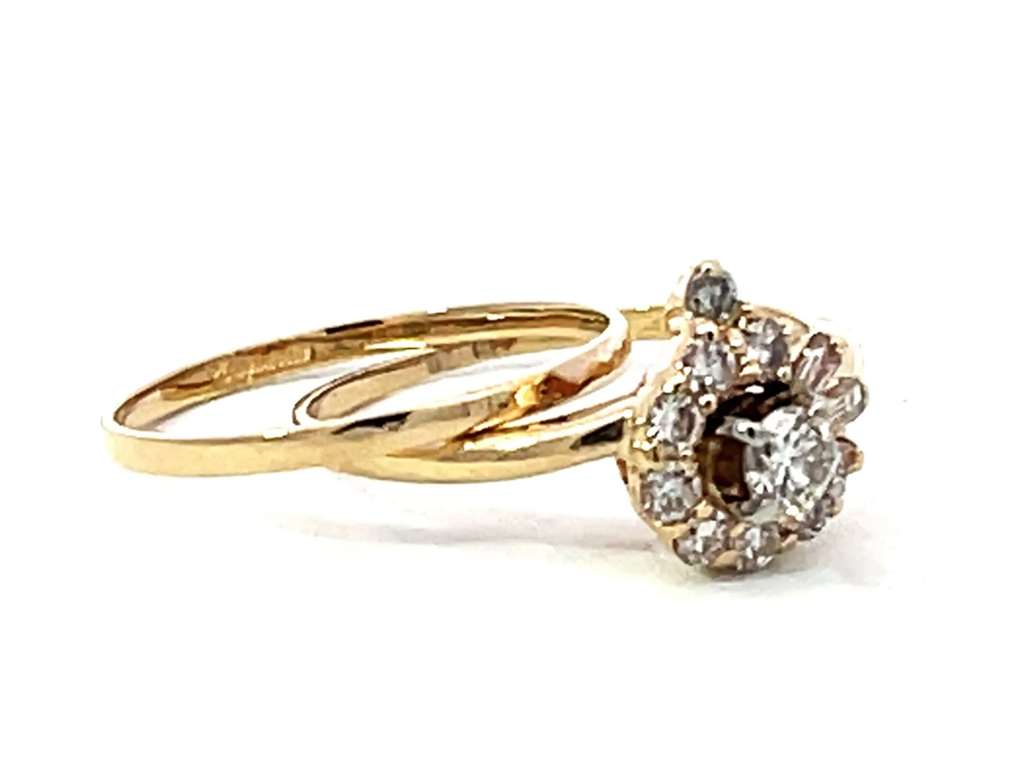Diamond Flower Double Band Ring Solid 14K Yellow Gold