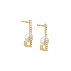 Diamond Pavé & Pearl Open Hoop Stud Earring 14K