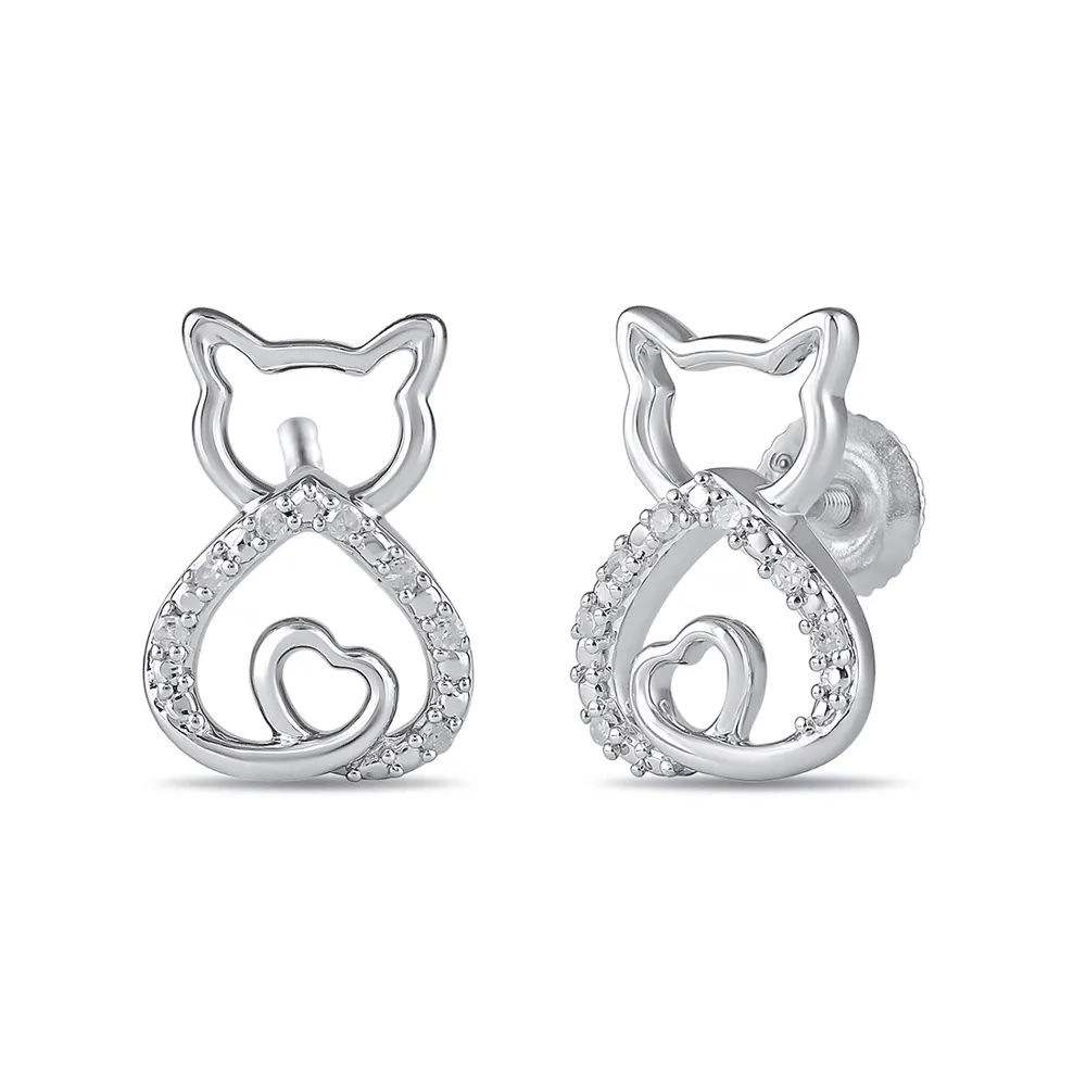 Diamond Set Cat Stud Earrings in Sterling Silver