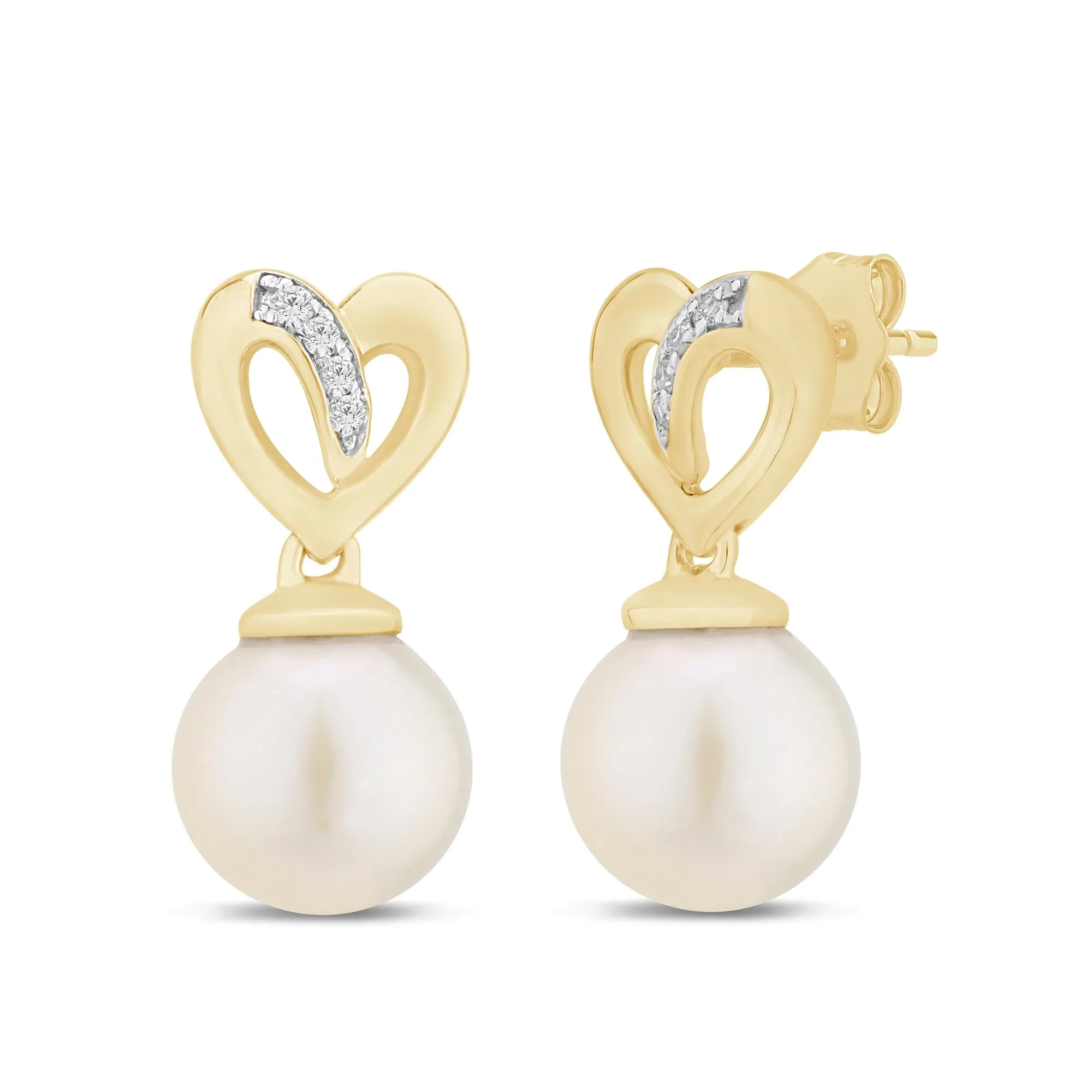 Diamond Set Pearl and Heart Stud Earrings in 9ct Yellow Gold
