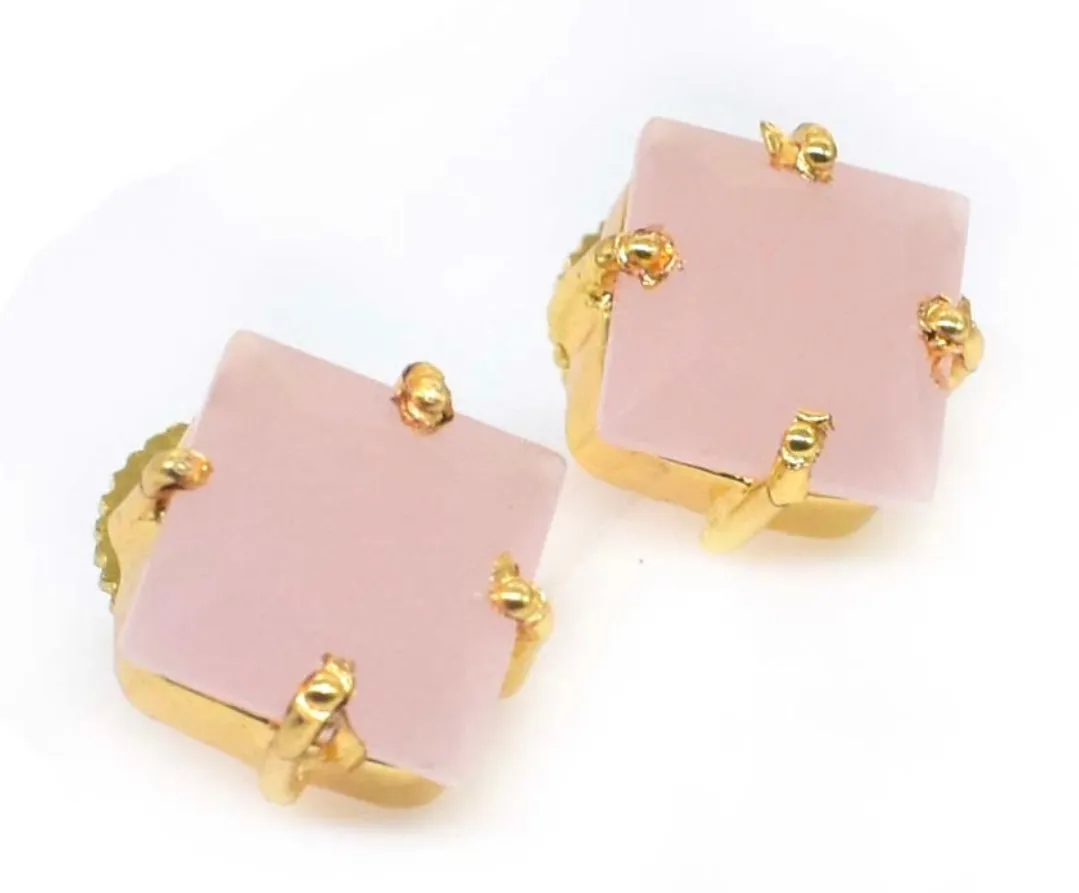 Diamond-Shaped Rose Quartz Gemstone Stud Earrings 1"