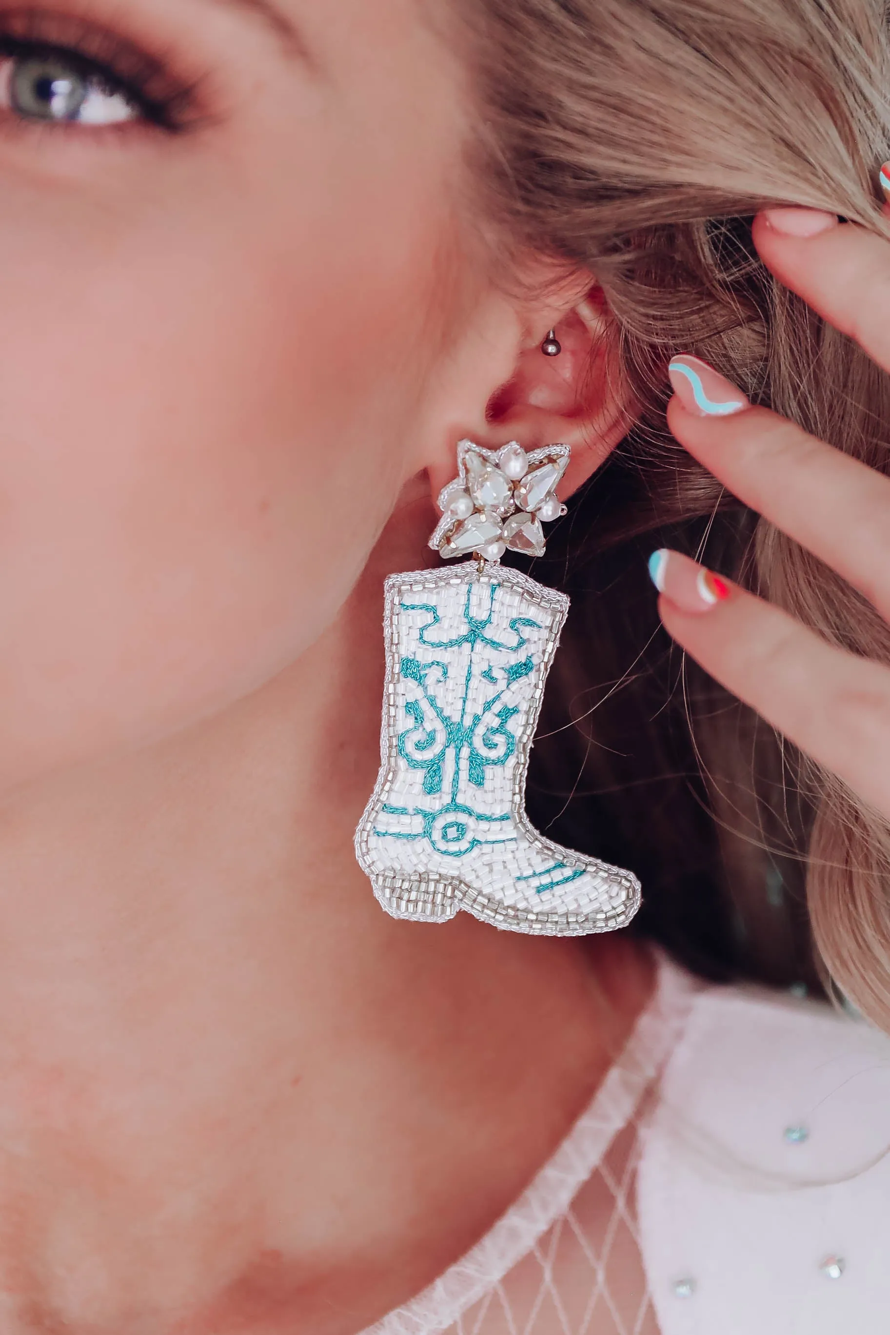 Dolly Beaded Cowboy Boot Earrings By Taylor Shaye - Turquoise/White