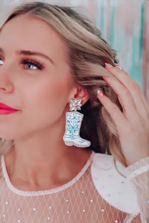 Dolly Beaded Cowboy Boot Earrings By Taylor Shaye - Turquoise/White
