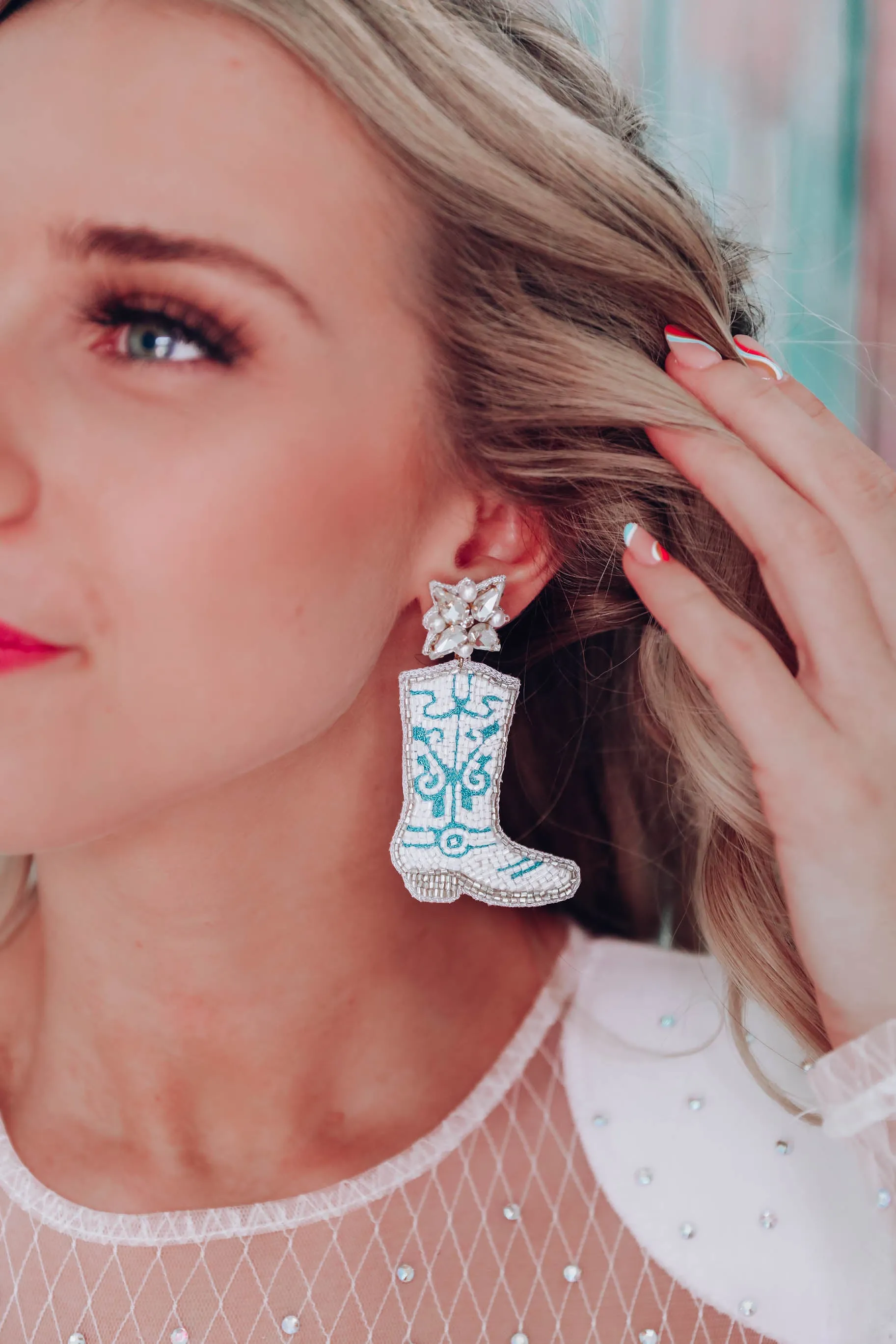 Dolly Beaded Cowboy Boot Earrings By Taylor Shaye - Turquoise/White