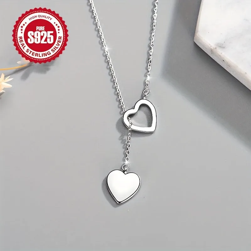 Double Heart Pendant Y Necklace S925 Silver Heart Tassel Choker