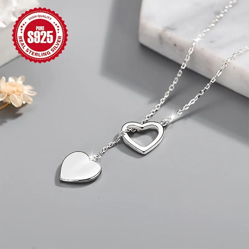 Double Heart Pendant Y Necklace S925 Silver Heart Tassel Choker