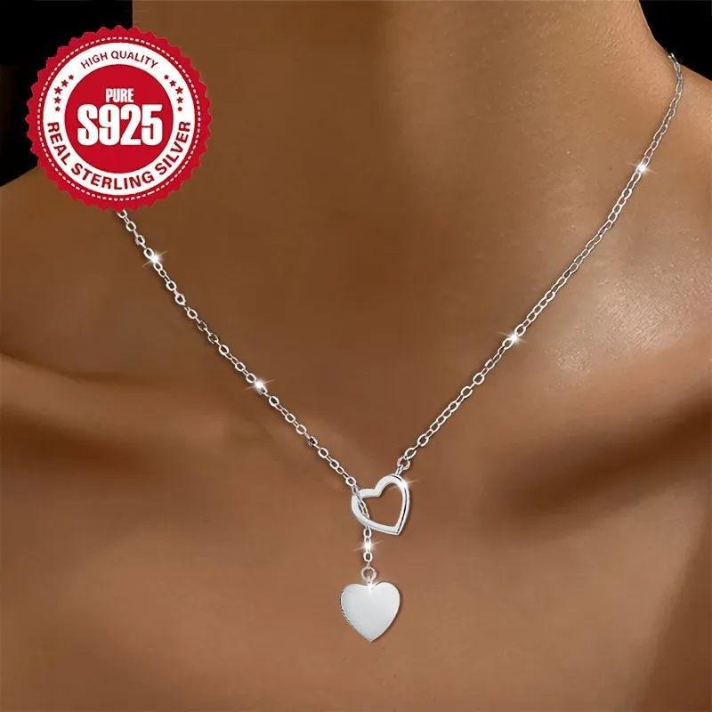 Double Heart Pendant Y Necklace S925 Silver Heart Tassel Choker