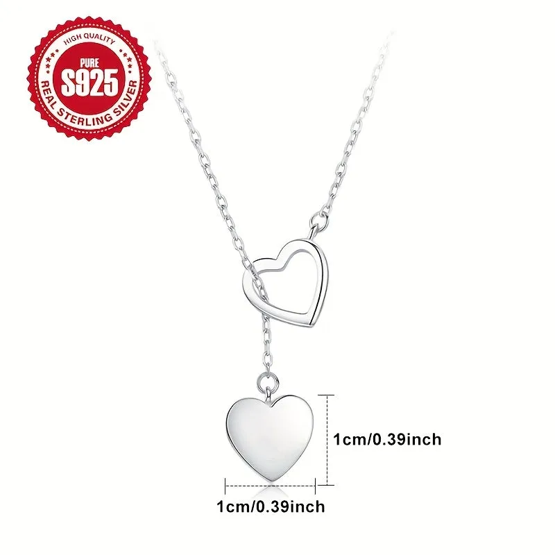 Double Heart Pendant Y Necklace S925 Silver Heart Tassel Choker