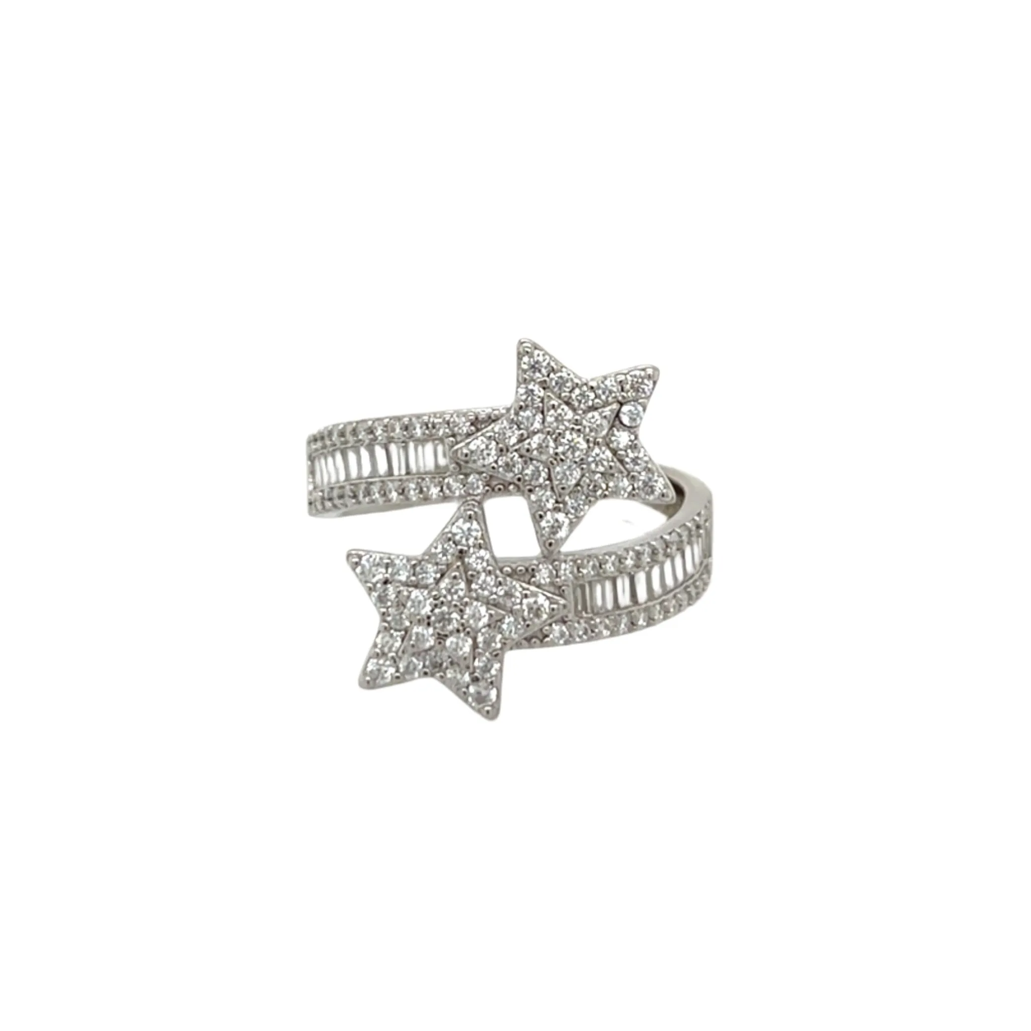 Double Star Sterling Silver Ring with Baguette & Round Lab-Created Moissanite - M102979