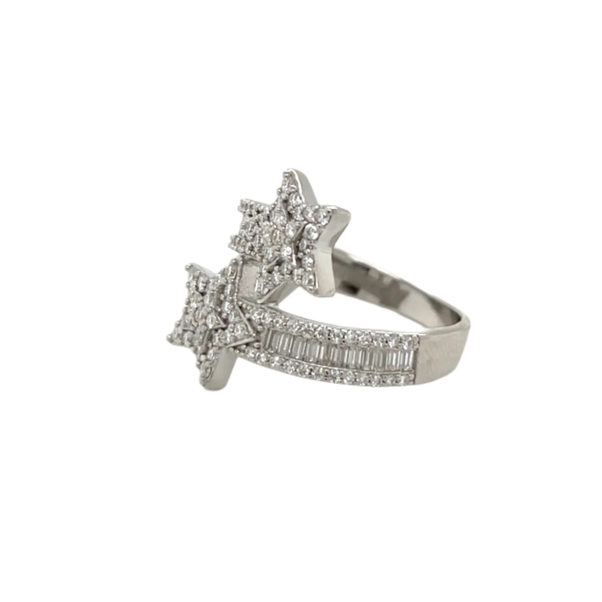 Double Star Sterling Silver Ring with Baguette & Round Lab-Created Moissanite - M102979