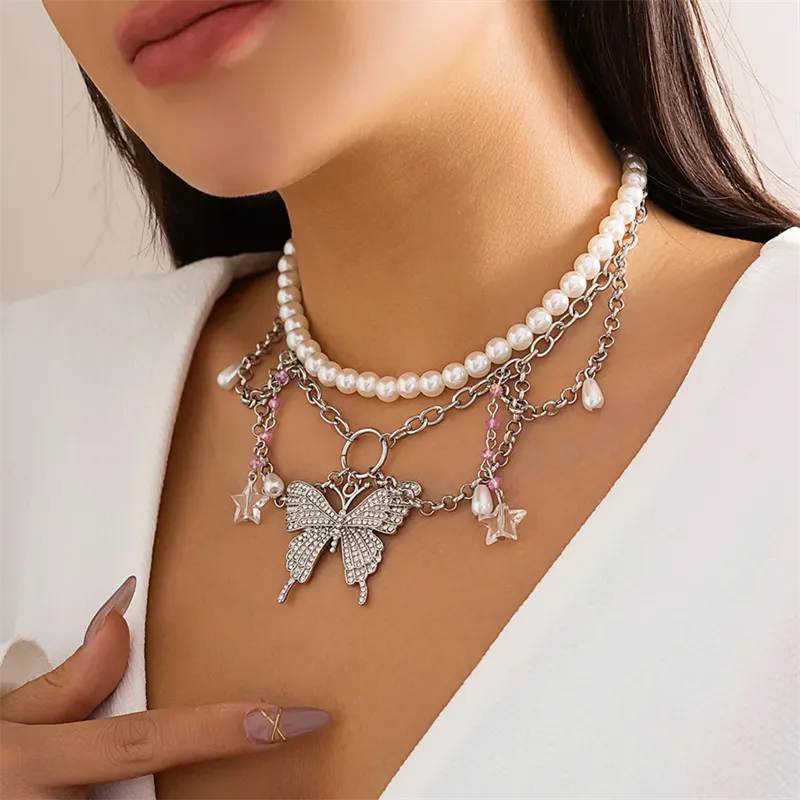 Dreamy Rhinestone Butterfly Star Pendant Pearl Necklaces for Women